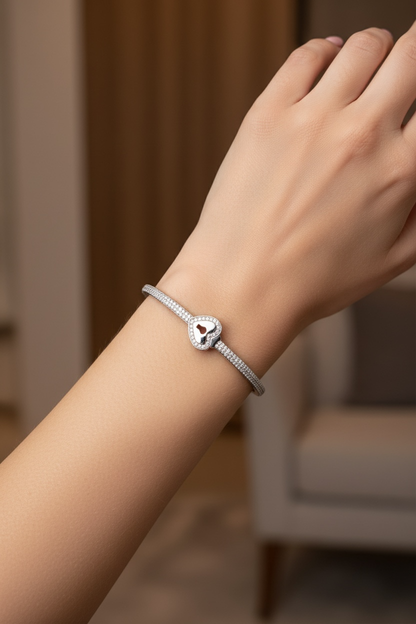 Heart Padlock Bangle Bracelet – 18K White & Yellow Gold Vermeil over Sterling Silver Sentimental Gift for Her, Promise Jewelry