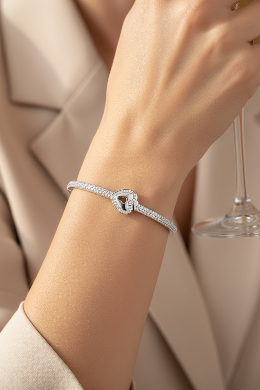 Heart Padlock Bangle Bracelet – 18K White & Yellow Gold Vermeil over Sterling Silver Sentimental Gift for Her, Promise Jewelry