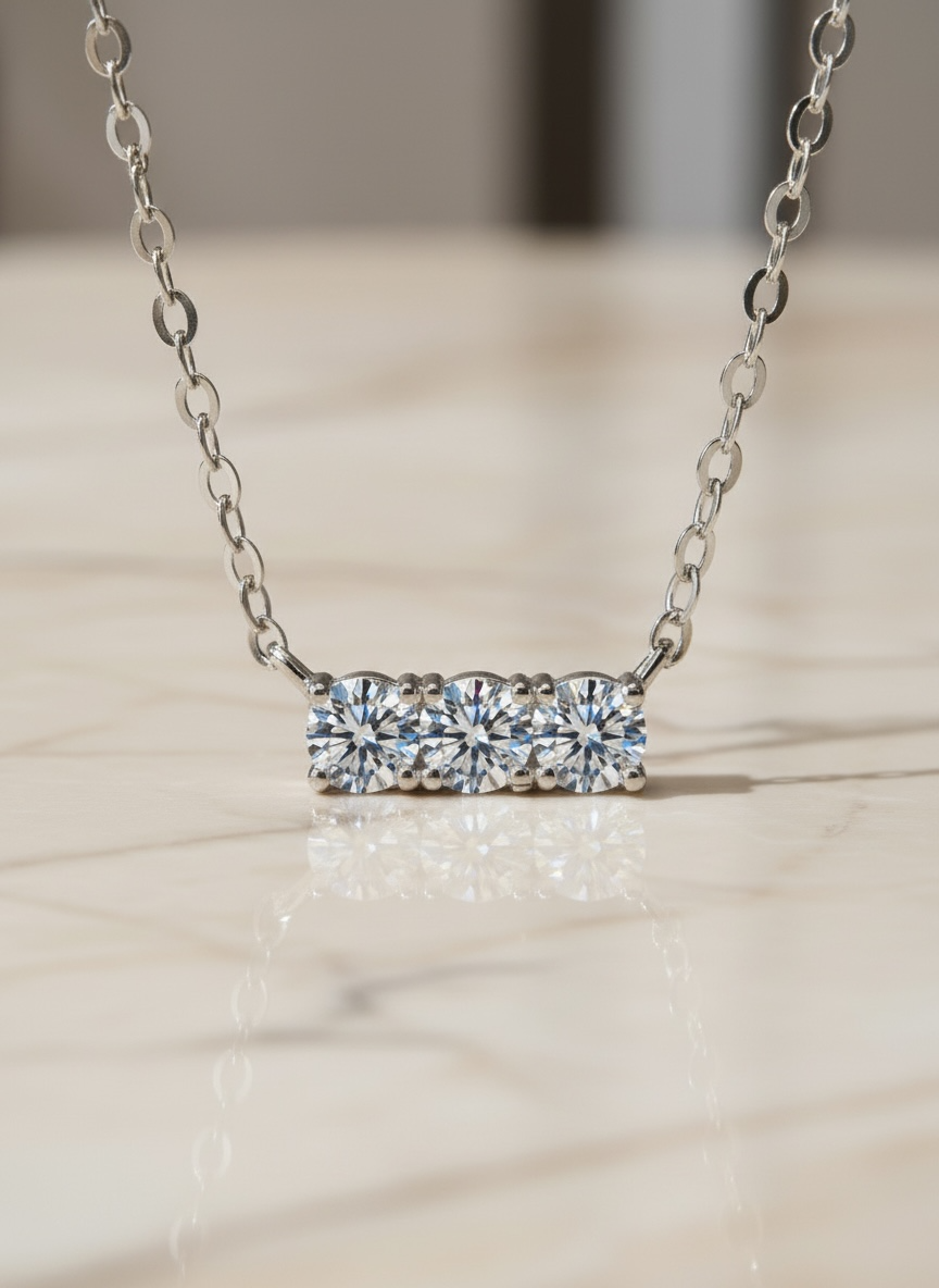Triple Moissanite Diamond Necklace • 14K Gold Vermeil • Minimalist Dainty Bar Necklace • 3-Stone Pendant for Bridal, Layering & Daily Wear