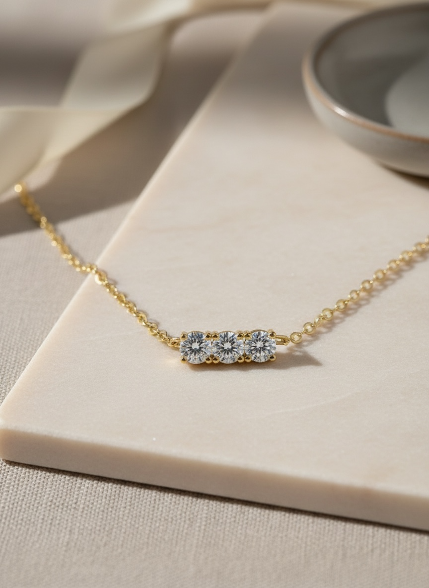 Triple Moissanite Diamond Necklace • 14K Gold Vermeil • Minimalist Dainty Bar Necklace • 3-Stone Pendant for Bridal, Layering & Daily Wear