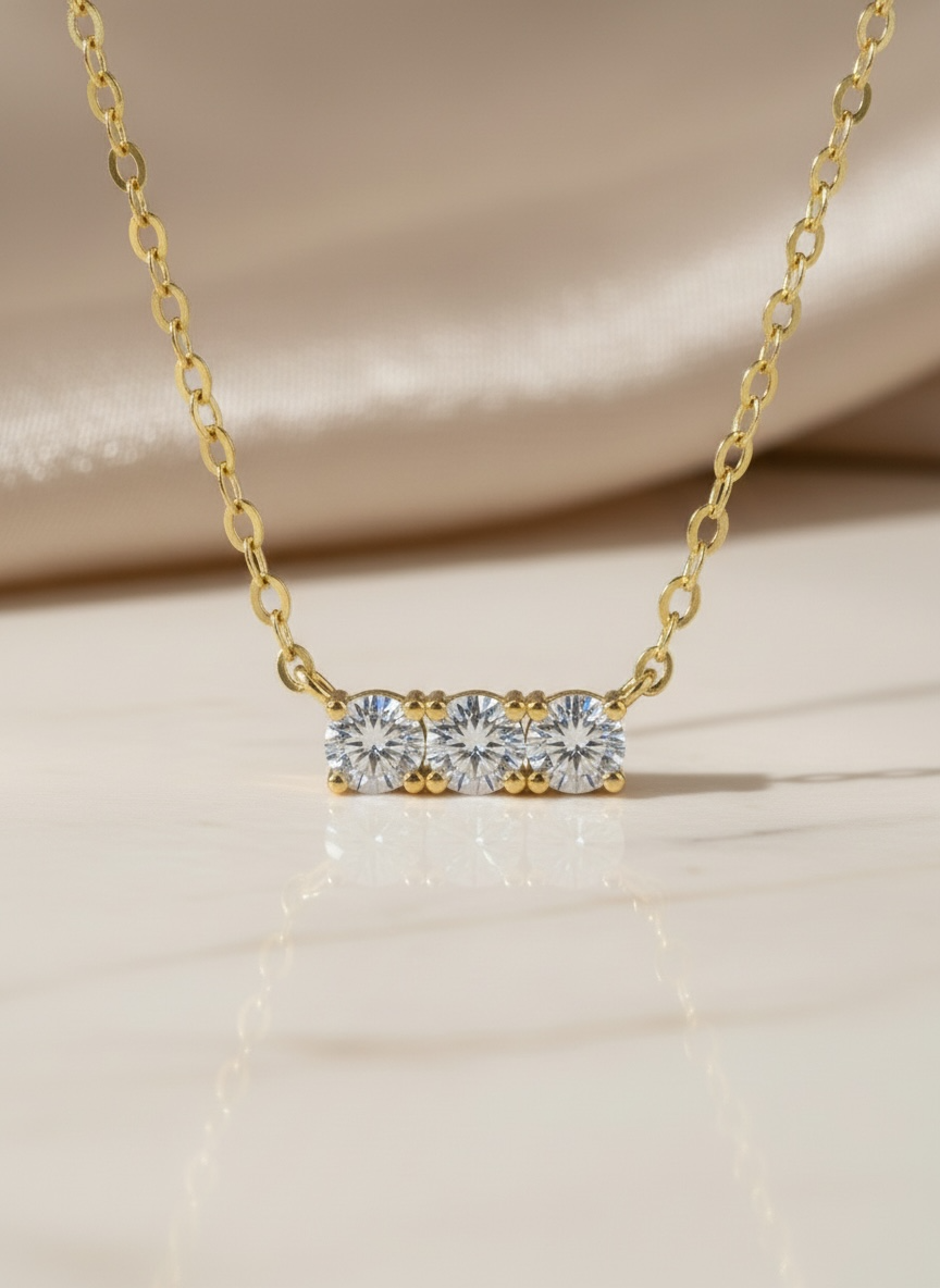 Triple Moissanite Diamond Necklace • 14K Gold Vermeil • Minimalist Dainty Bar Necklace • 3-Stone Pendant for Bridal, Layering & Daily Wear