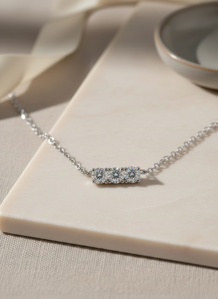 Triple Moissanite Diamond Necklace • 14K Gold Vermeil • Minimalist Dainty Bar Necklace • 3-Stone Pendant for Bridal, Layering & Daily Wear