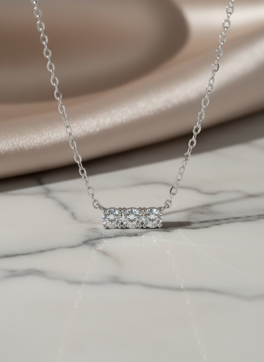 Triple Moissanite Diamond Necklace • 14K Gold Vermeil • Minimalist Dainty Bar Necklace • 3-Stone Pendant for Bridal, Layering & Daily Wear