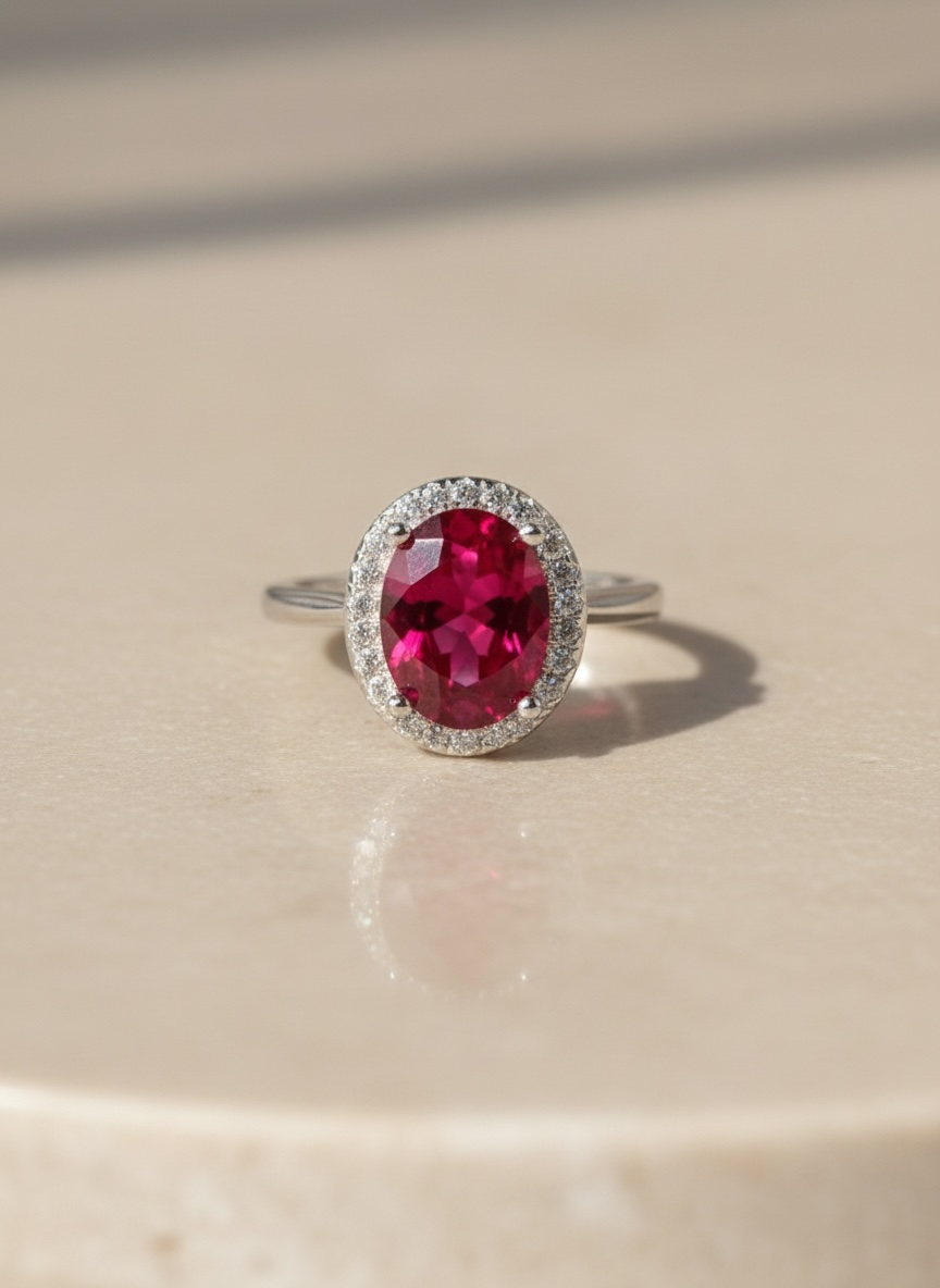 Oval Cut Halo Ring • Sterling Silver Ruby CZ Proposal Ring by Stella Amoré