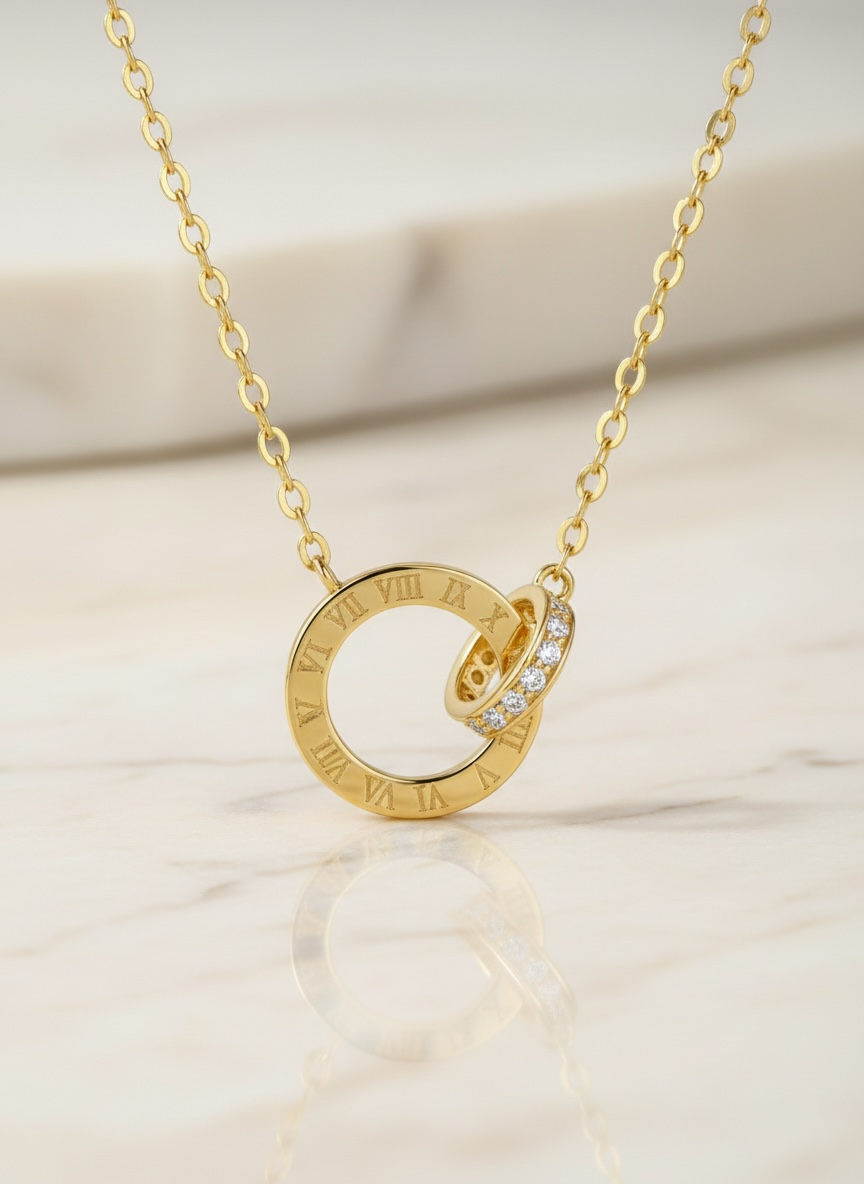 14K Gold Vermeil Roman Numeral Necklace, Interlocking Moissanite Rings
