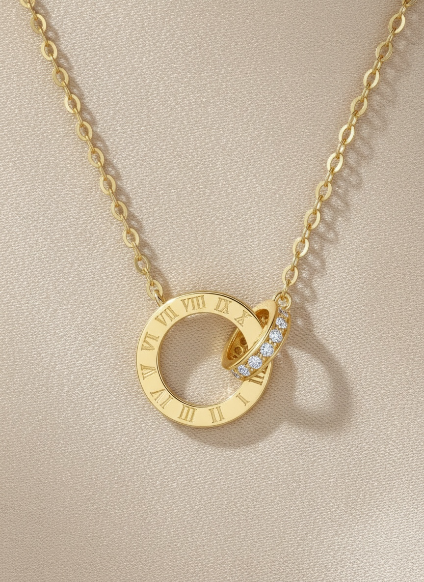14K Gold Vermeil Roman Numeral Necklace, Interlocking Moissanite Rings