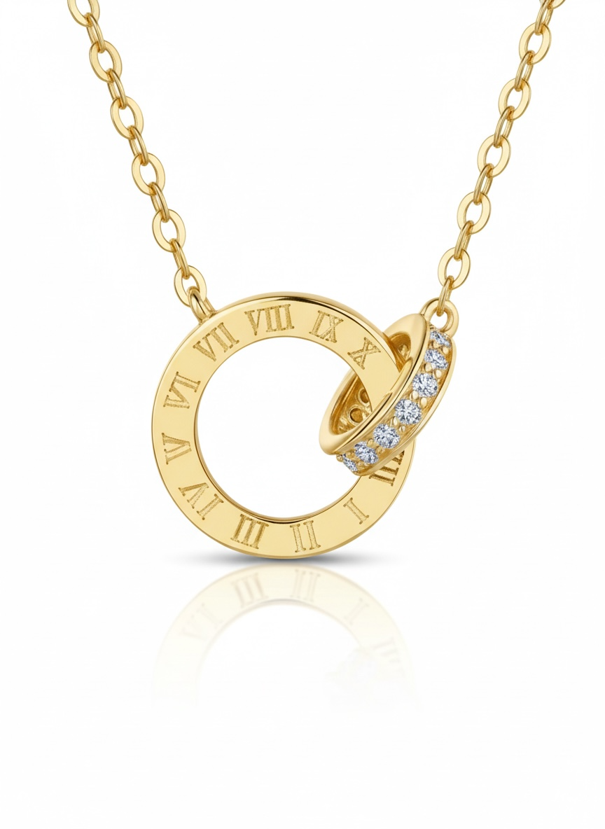 14K Gold Vermeil Roman Numeral Necklace, Interlocking Moissanite Rings