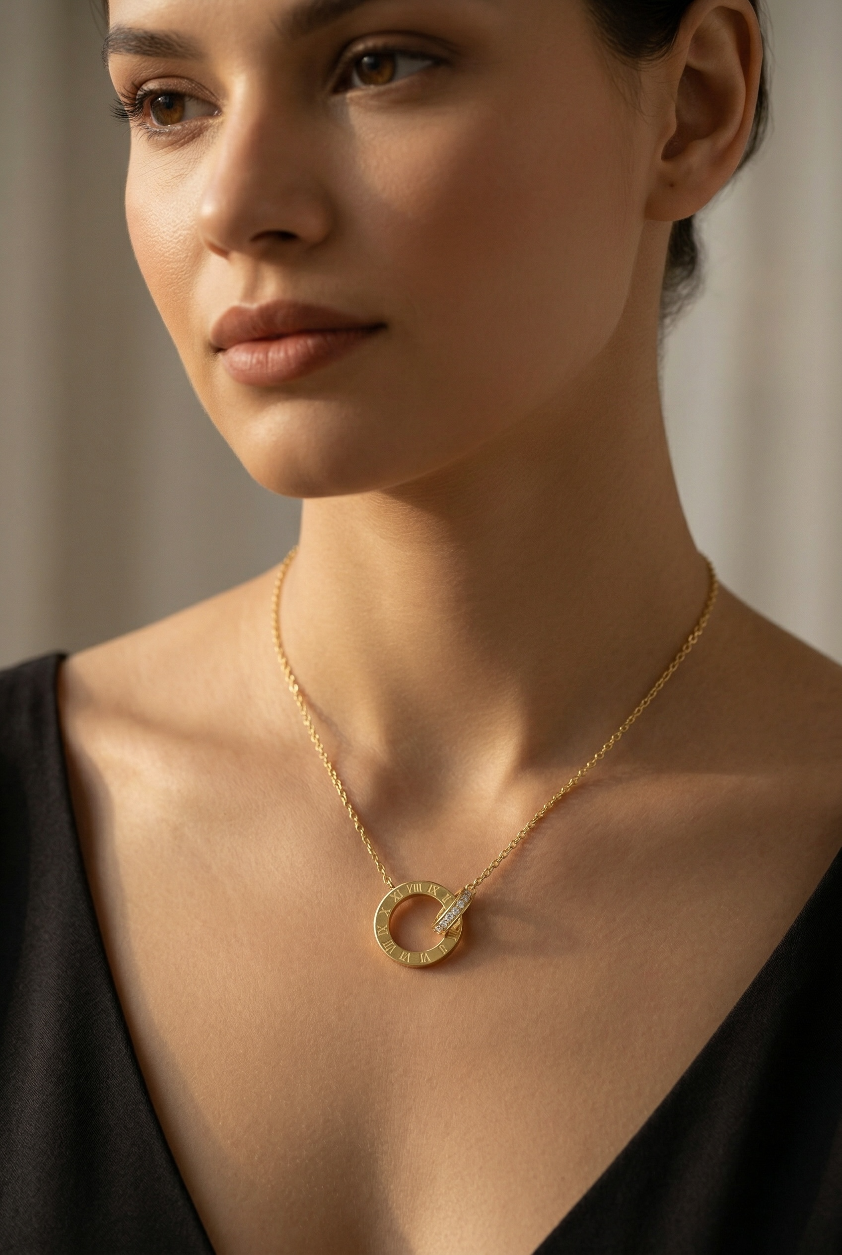 14K Gold Vermeil Roman Numeral Necklace, Interlocking Moissanite Rings