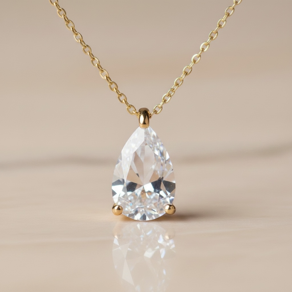 Pear CZ Birthstone Necklace | Dainty Minimalist 18k Gold Jewelry | Personalized Birthstone Gift