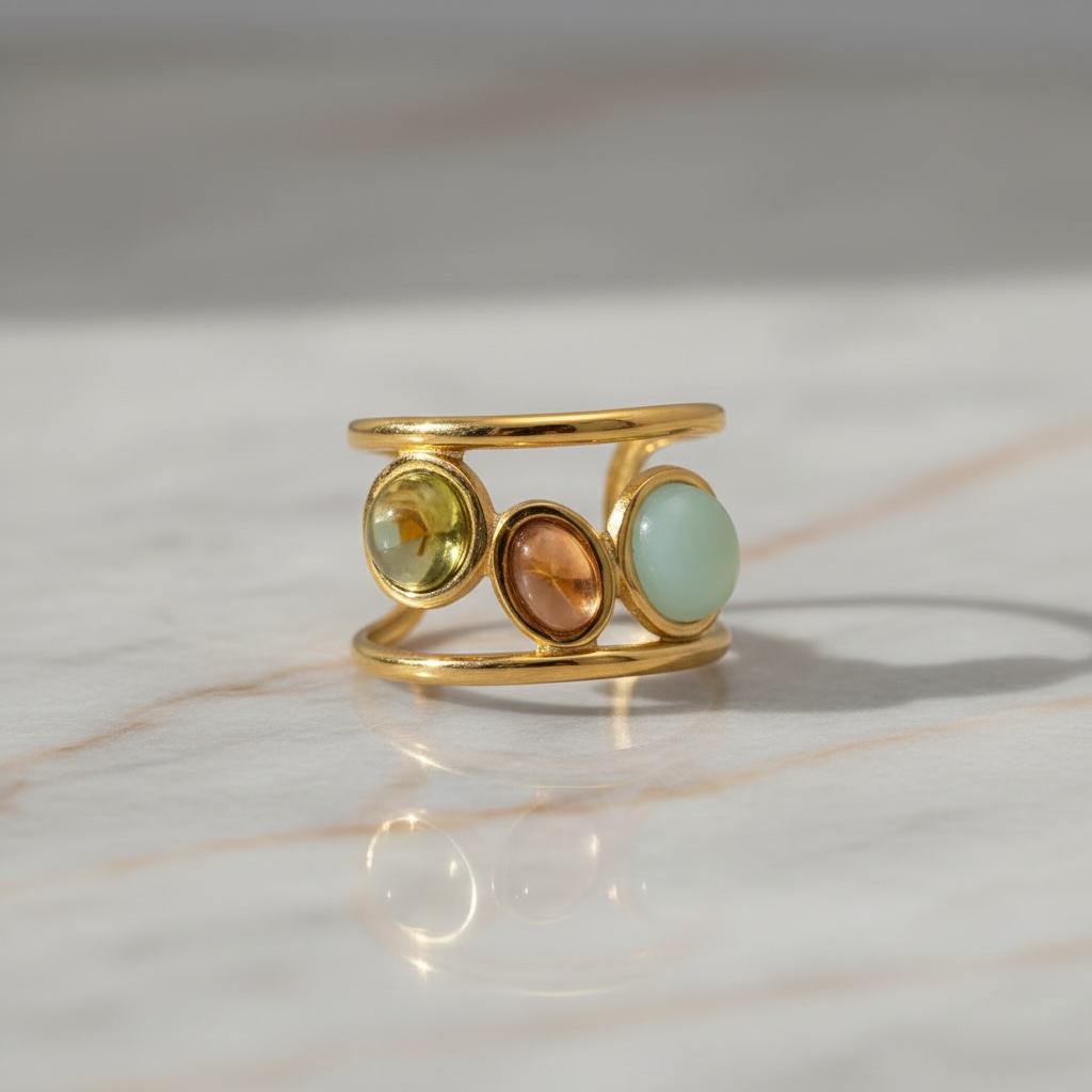 Dainty Crystal Ring | Gold Open 3 Oval Stone Ring | Handmade Citrine Ring | Unique Anxiety Ring | Artisanal Wire Wrapped Ring
