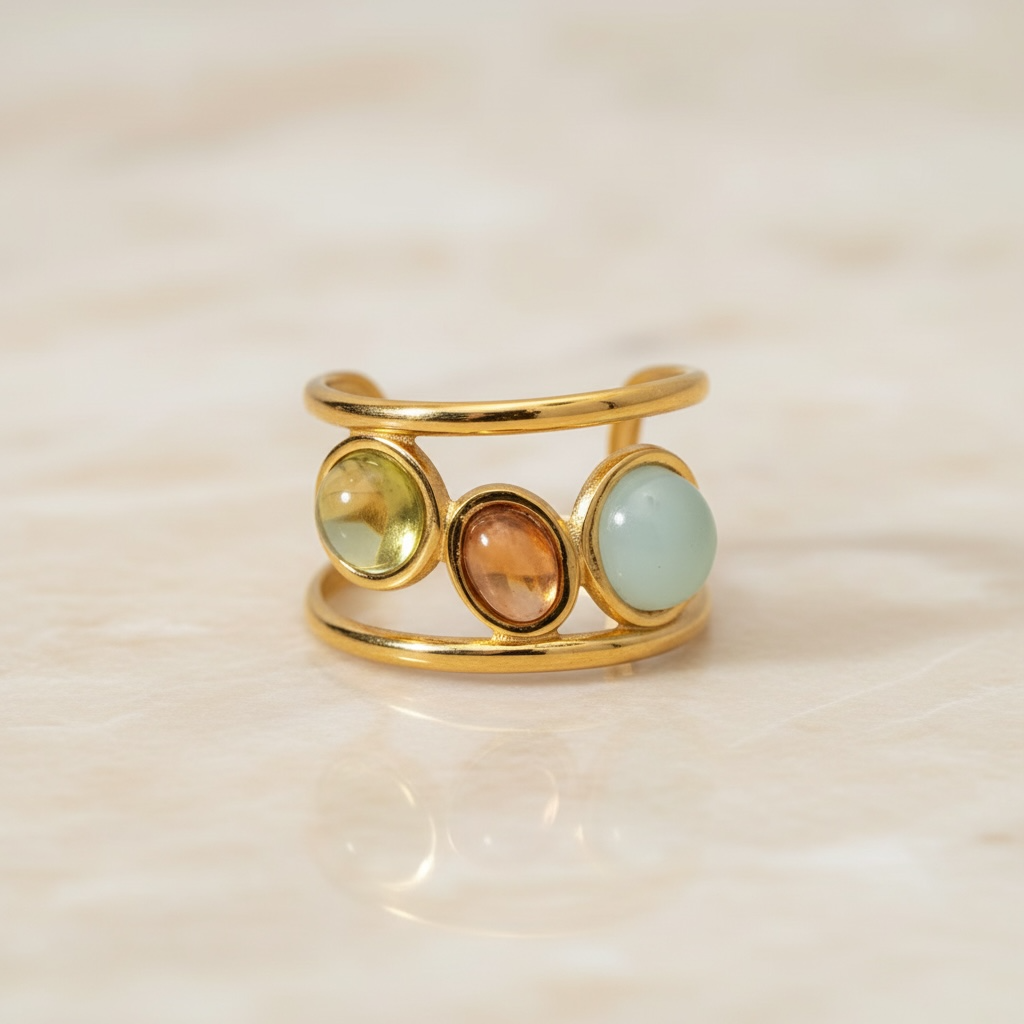 Dainty Crystal Ring | Gold Open 3 Oval Stone Ring | Handmade Citrine Ring | Unique Anxiety Ring | Artisanal Wire Wrapped Ring