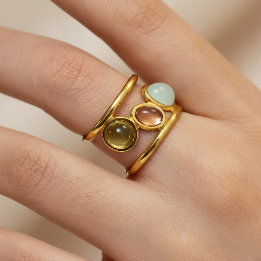 Dainty Crystal Ring | Gold Open 3 Oval Stone Ring | Handmade Citrine Ring | Unique Anxiety Ring | Artisanal Wire Wrapped Ring