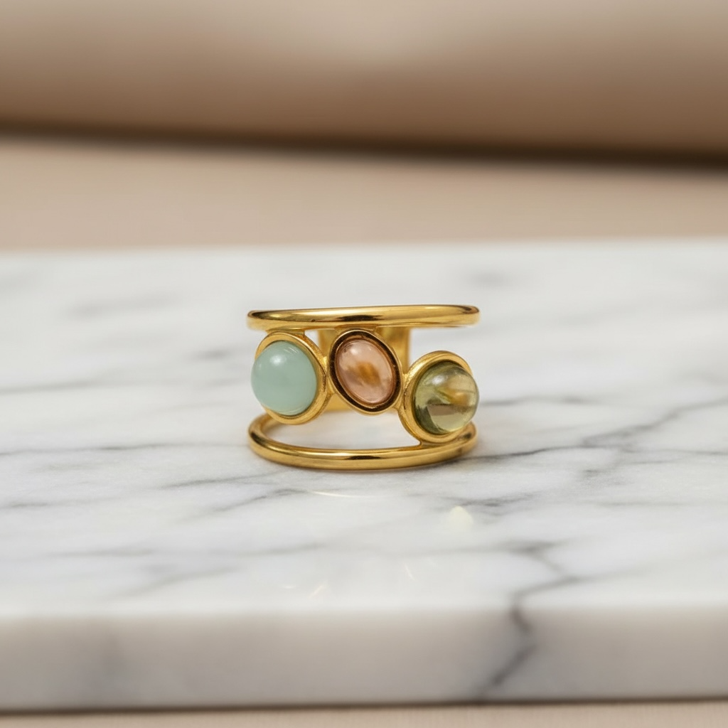 Dainty Crystal Ring | Gold Open 3 Oval Stone Ring | Handmade Citrine Ring | Unique Anxiety Ring | Artisanal Wire Wrapped Ring