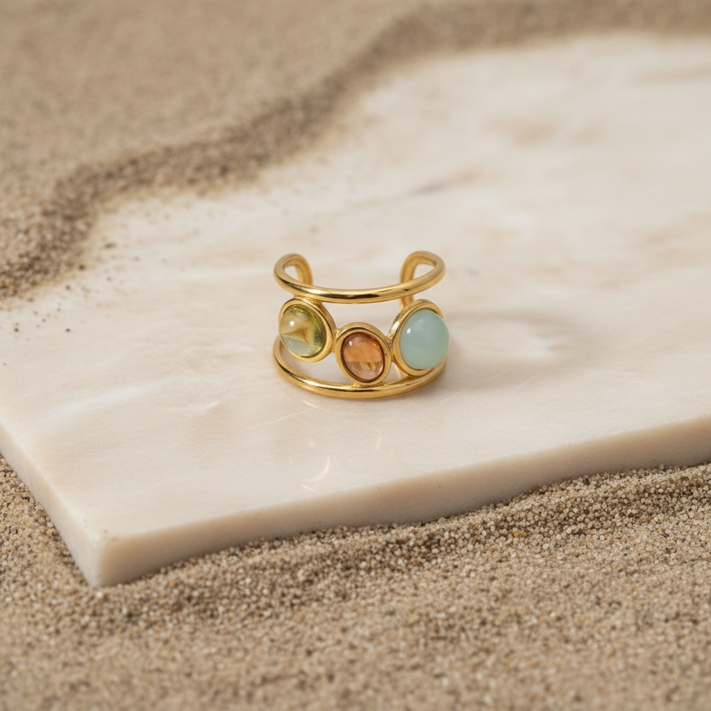 Dainty Crystal Ring | Gold Open 3 Oval Stone Ring | Handmade Citrine Ring | Unique Anxiety Ring | Artisanal Wire Wrapped Ring