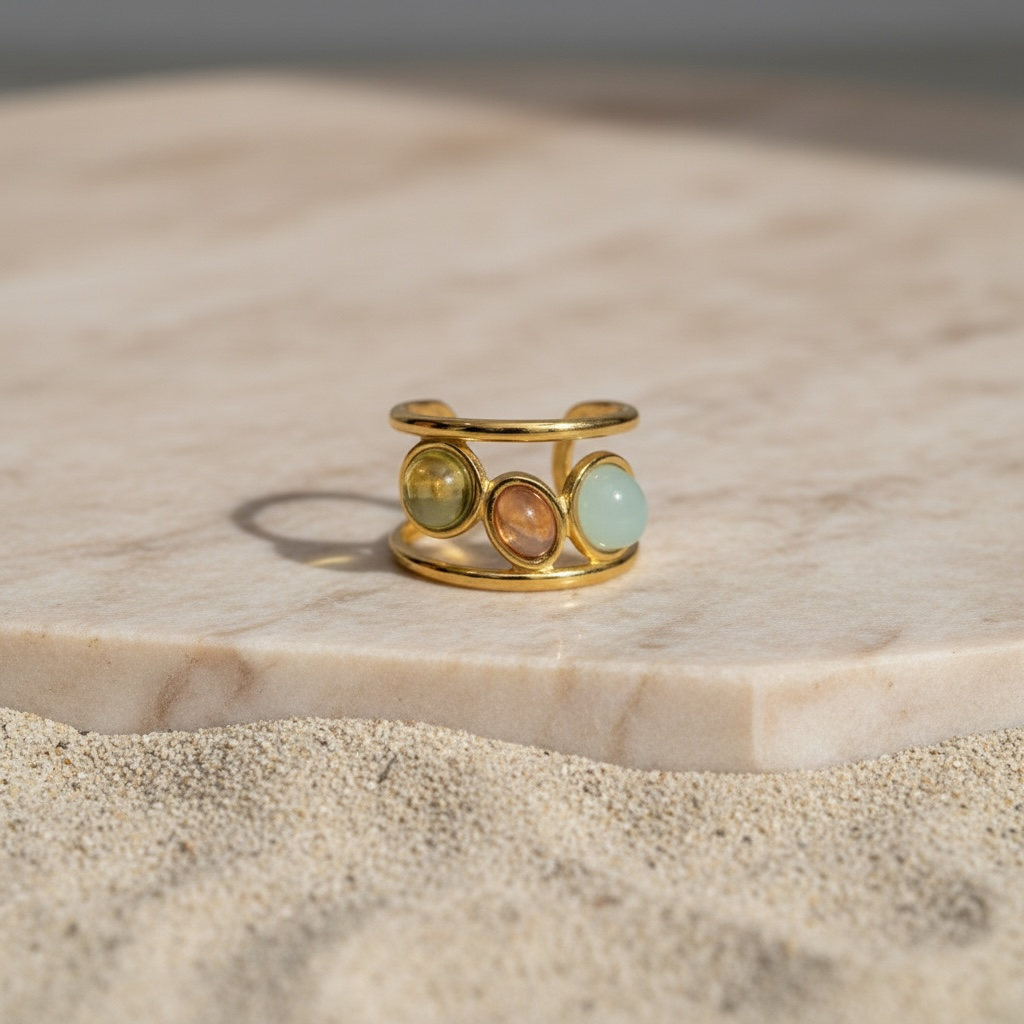 Dainty Crystal Ring | Gold Open 3 Oval Stone Ring | Handmade Citrine Ring | Unique Anxiety Ring | Artisanal Wire Wrapped Ring