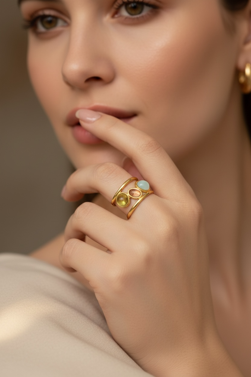 Dainty Crystal Ring | Gold Open 3 Oval Stone Ring | Handmade Citrine Ring | Unique Anxiety Ring | Artisanal Wire Wrapped Ring