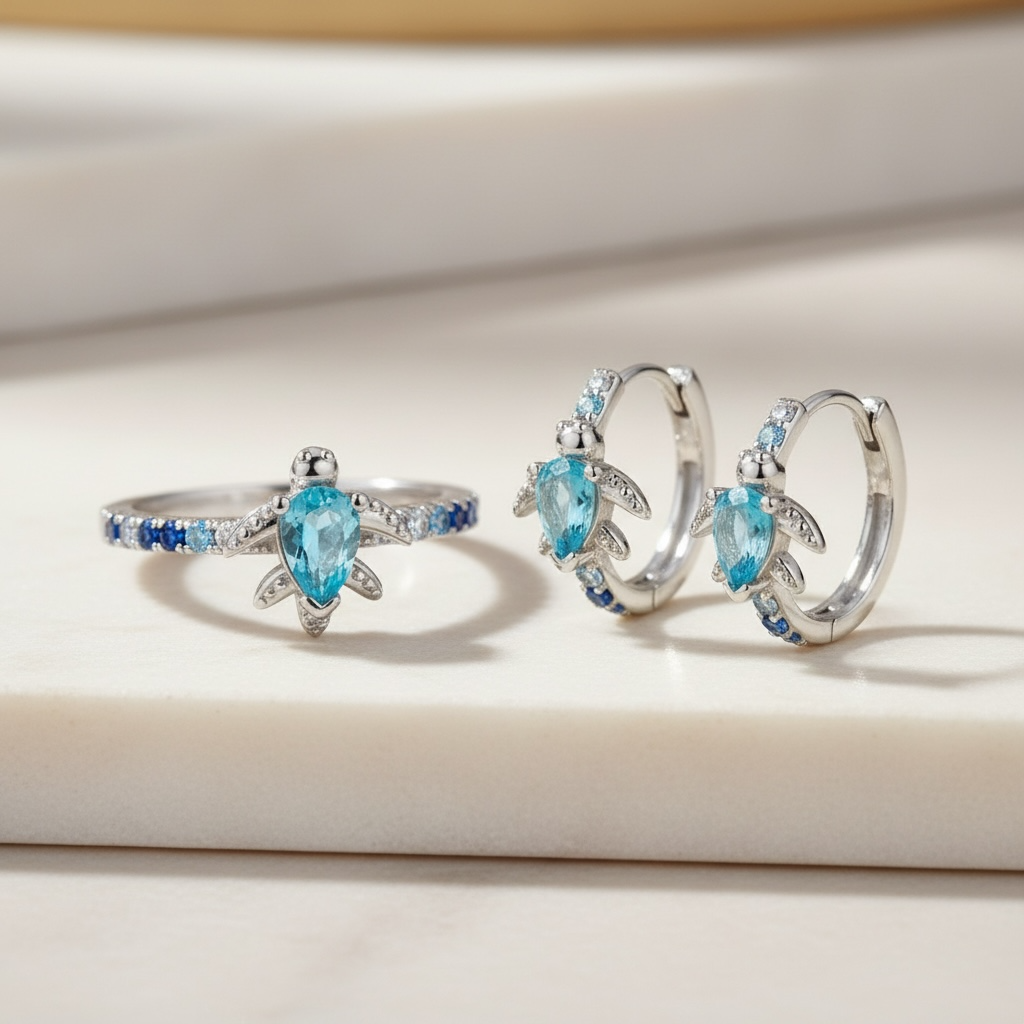 Sea Turtle Ring and Earrings, Aquamarine Jewelry, Dainty Ocean Ring, Silver Turtle Ring, March Birthstone Gift