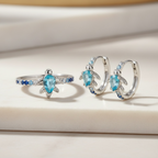Sea Turtle Ring and Earrings, Aquamarine Jewelry, Dainty Ocean Ring, Silver Turtle Ring, March Birthstone Gift