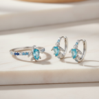 Sea Turtle Ring and Earrings, Aquamarine Jewelry, Dainty Ocean Ring, Silver Turtle Ring, March Birthstone Gift