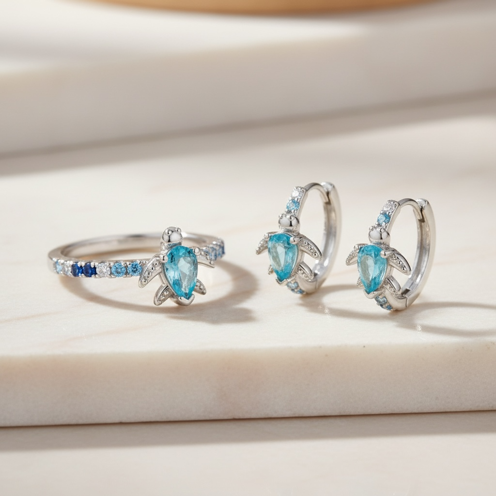 Sea Turtle Ring and Earrings, Aquamarine Jewelry, Dainty Ocean Ring, Silver Turtle Ring, March Birthstone Gift