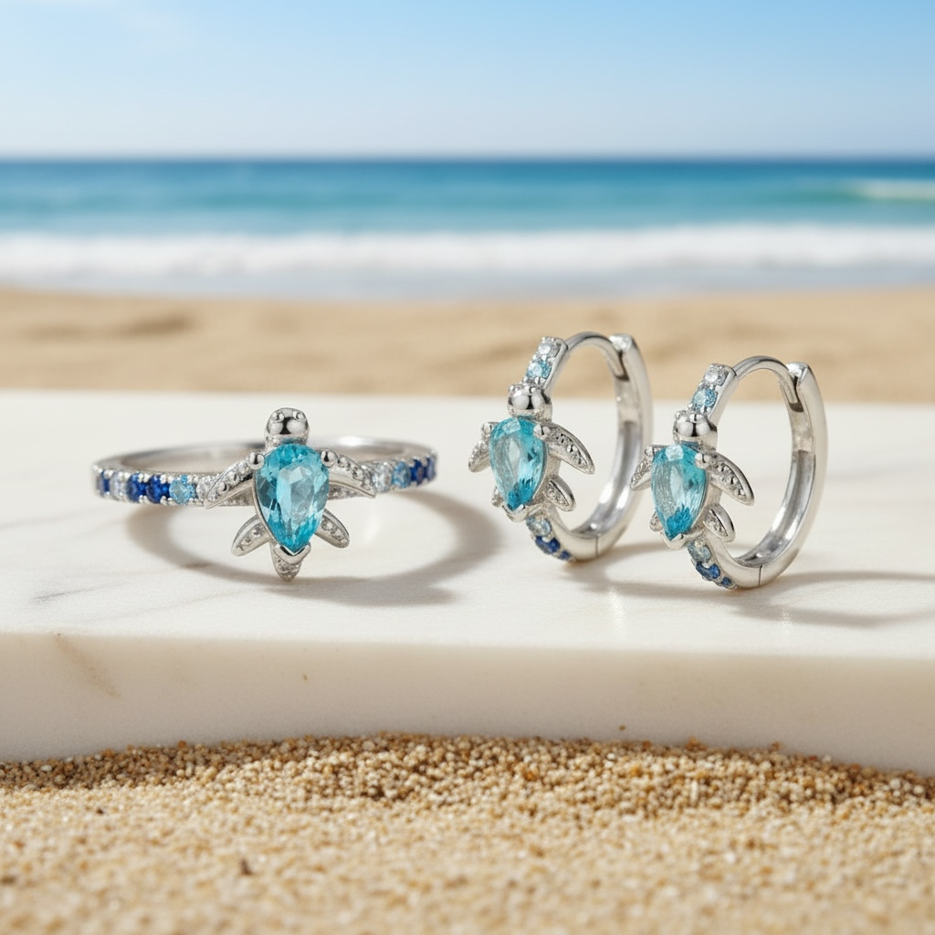 Sea Turtle Ring and Earrings, Aquamarine Jewelry, Dainty Ocean Ring, Silver Turtle Ring, March Birthstone Gift
