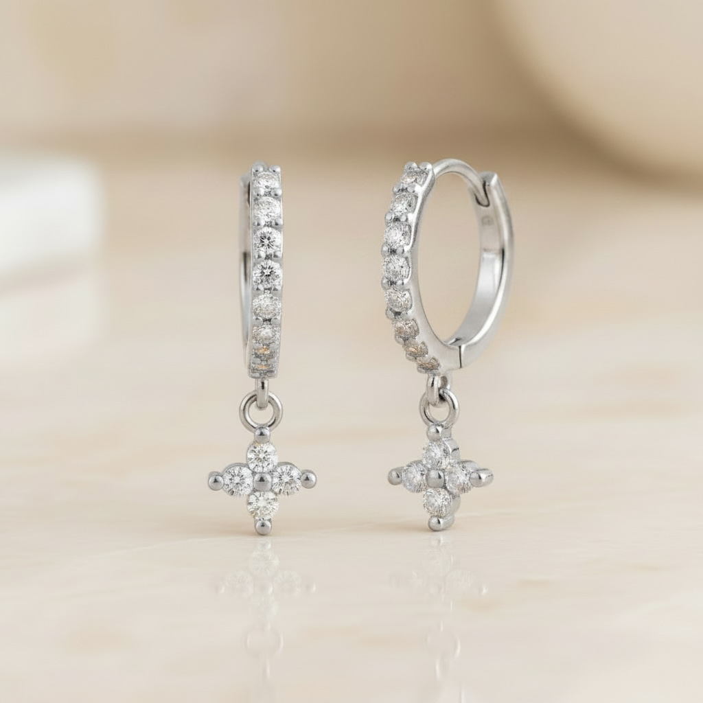 Gold Clover Shaped Cut Diamond Huggie Hoops Earrings | Elegant Sterling Silver Jewelry | Statement Fashion Earrings