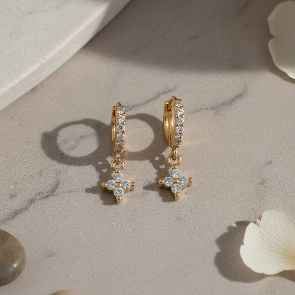 Gold Clover Shaped Cut Diamond Huggie Hoops Earrings | Elegant Sterling Silver Jewelry | Statement Fashion Earrings