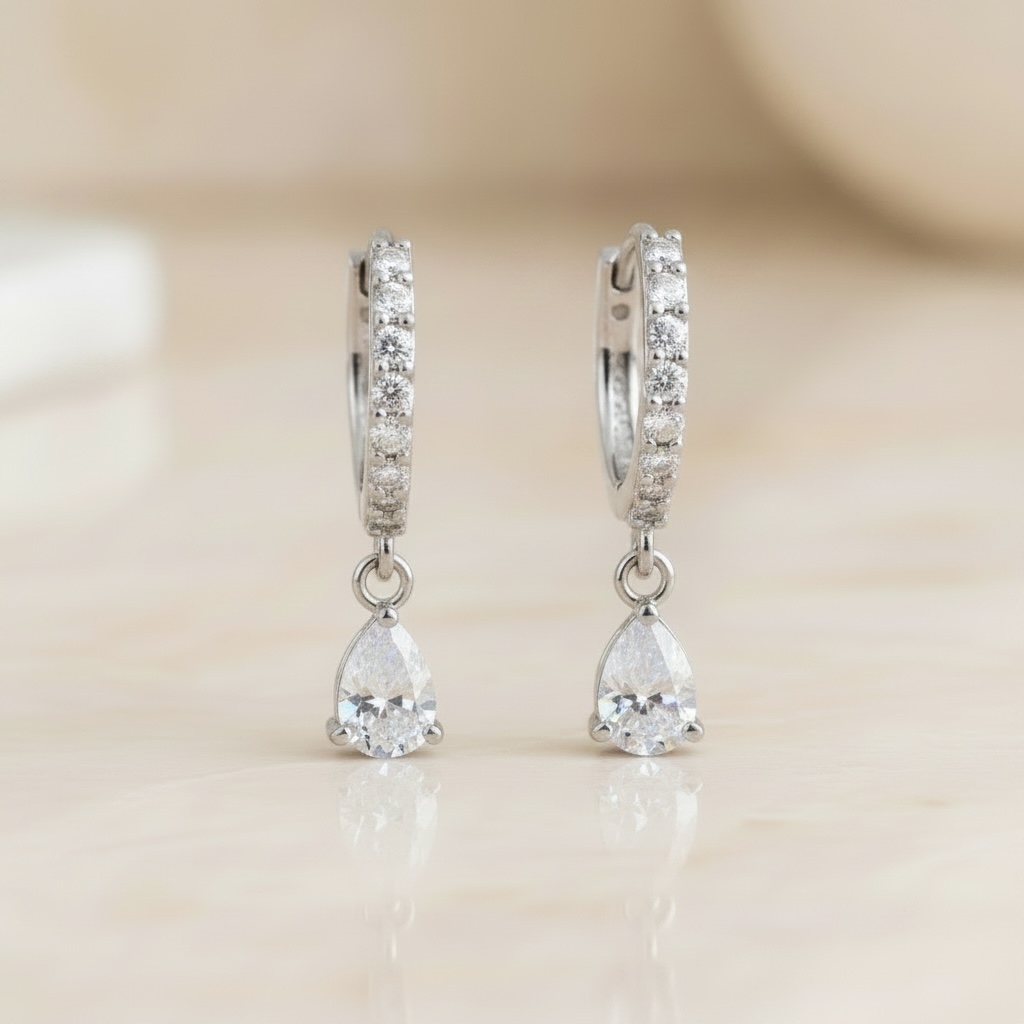 Silver Pear Cut Diamond Brown Bag Earrings | Elegant Silver Jewelry | Contemporary Style | Gift-Ready