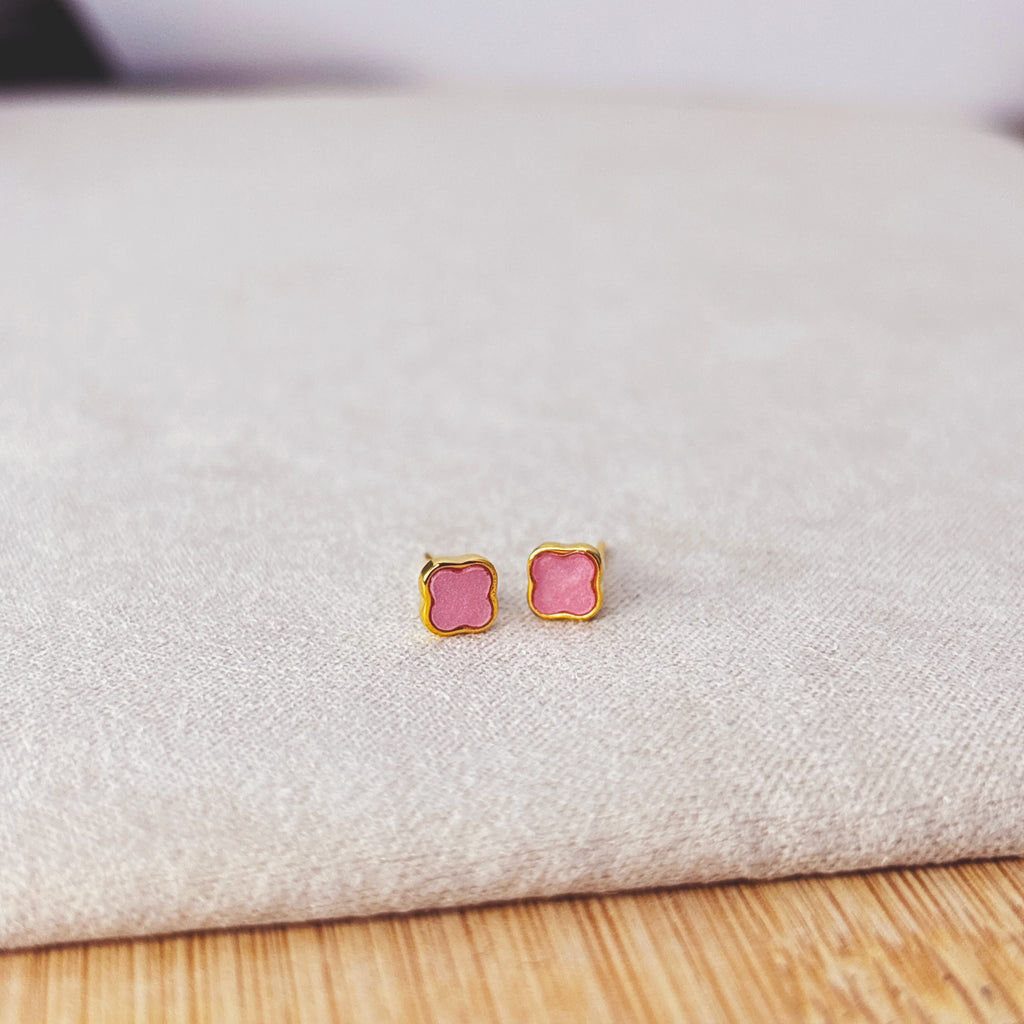 14K Gold Pastel Stud Earring Set: Sterling Silver Heart, Cat & Clover