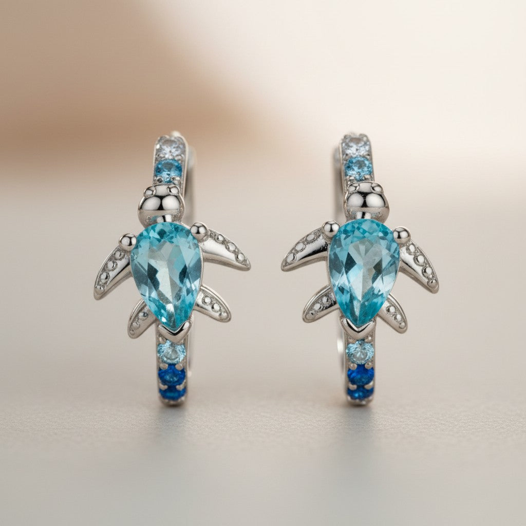 Sea Turtle Ring | Dainty Aquamarine Ocean Jewelry | Cute Silver Tortoise Ring | March Birthstone