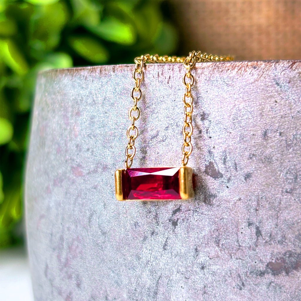 Dainty Horizontal Baguette Cut Ruby Necklace by Stella Amoré