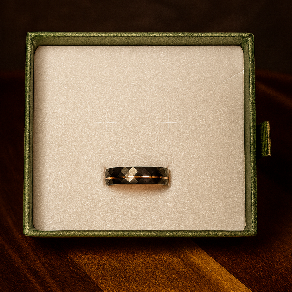 Rose Gold Tungsten Ring • Black Hammered Men’s Wedding Band • Faceted Comfort Fit Male Promise Ring