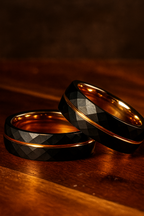 Rose Gold Tungsten Ring • Black Hammered Men’s Wedding Band • Faceted Comfort Fit Male Promise Ring