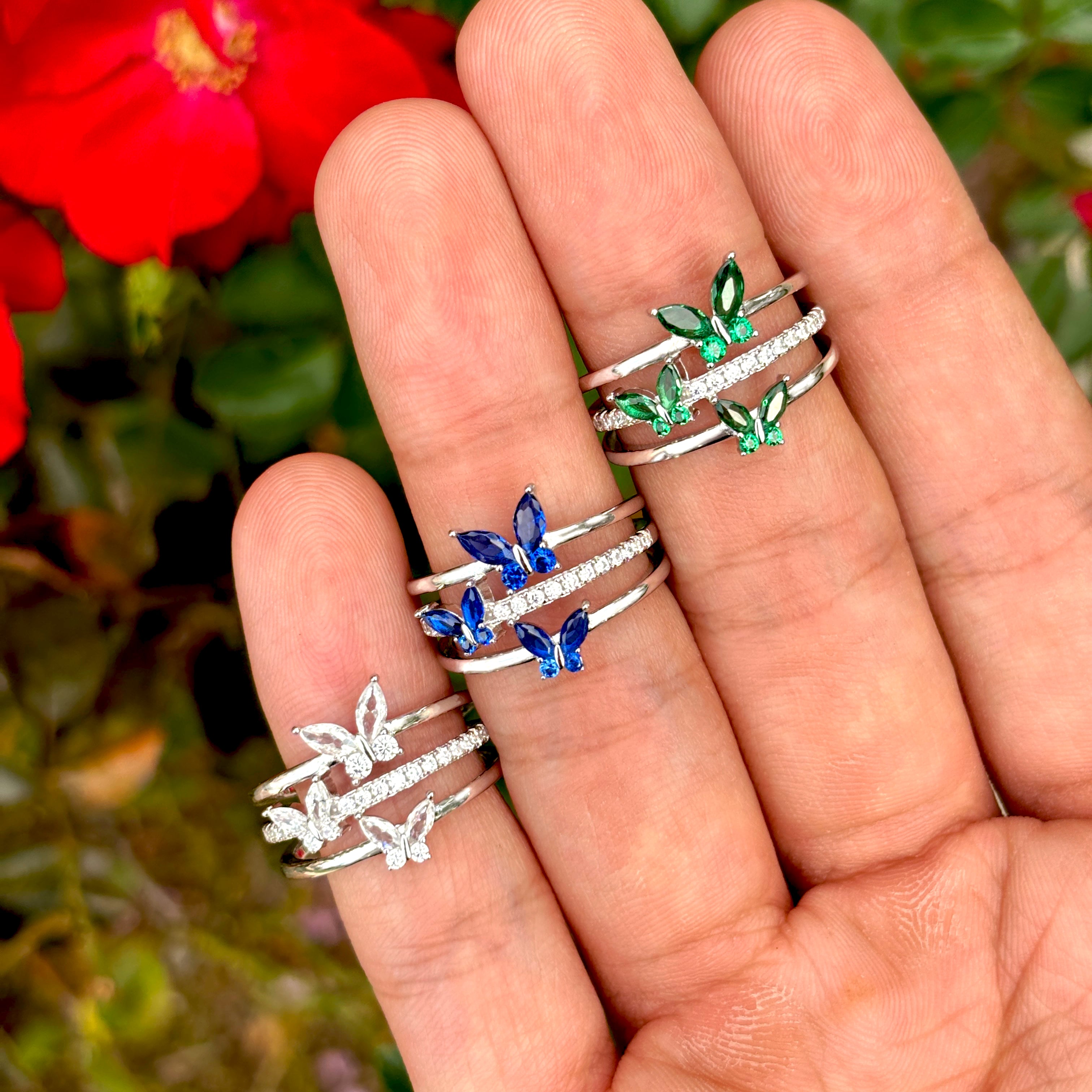 14K Gold Butterfly Crystal Ring: Adjustable Birthstone Jewelry