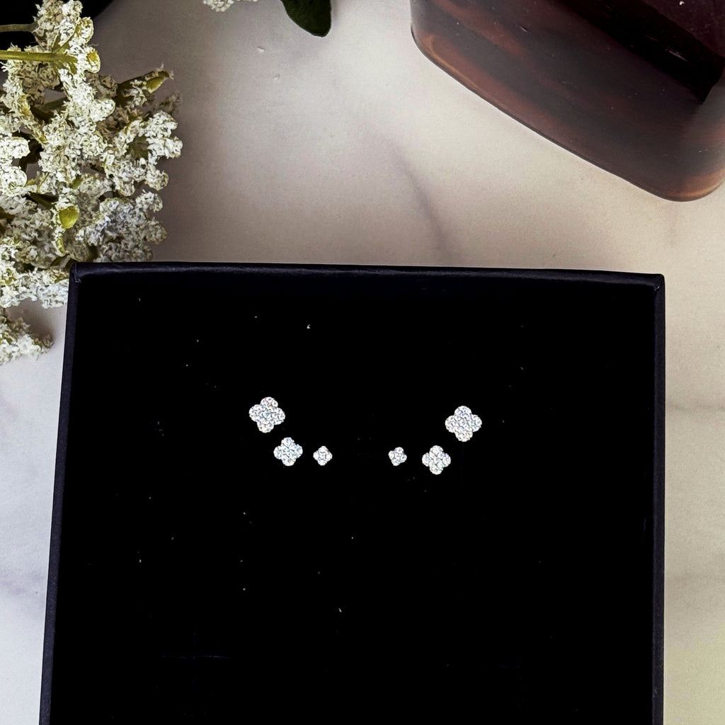 Dainty 14K Gold Pave Clover Stud Earrings: CZ Sterling Silver