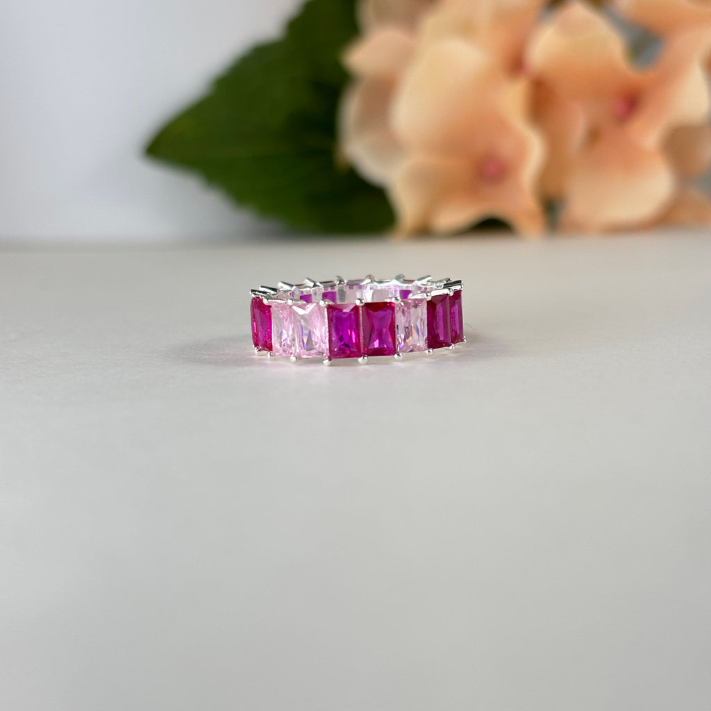 Baguette Eternity Ring — Full Eternity Band with Pink Ruby CZ • Emerald Cut Stacking Ring • Dainty Anniversary Gift for Girlfriend or Sister