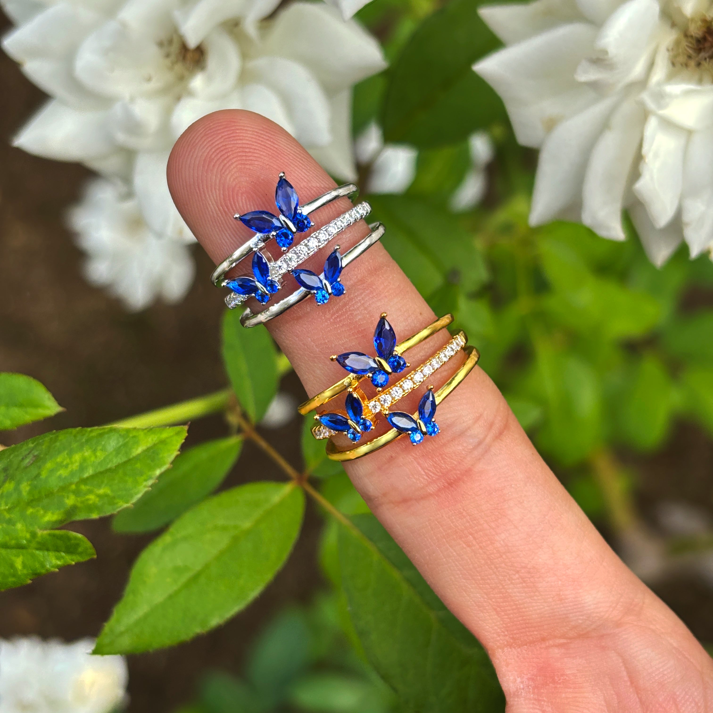 14K Gold Butterfly Crystal Ring: Adjustable Birthstone Jewelry