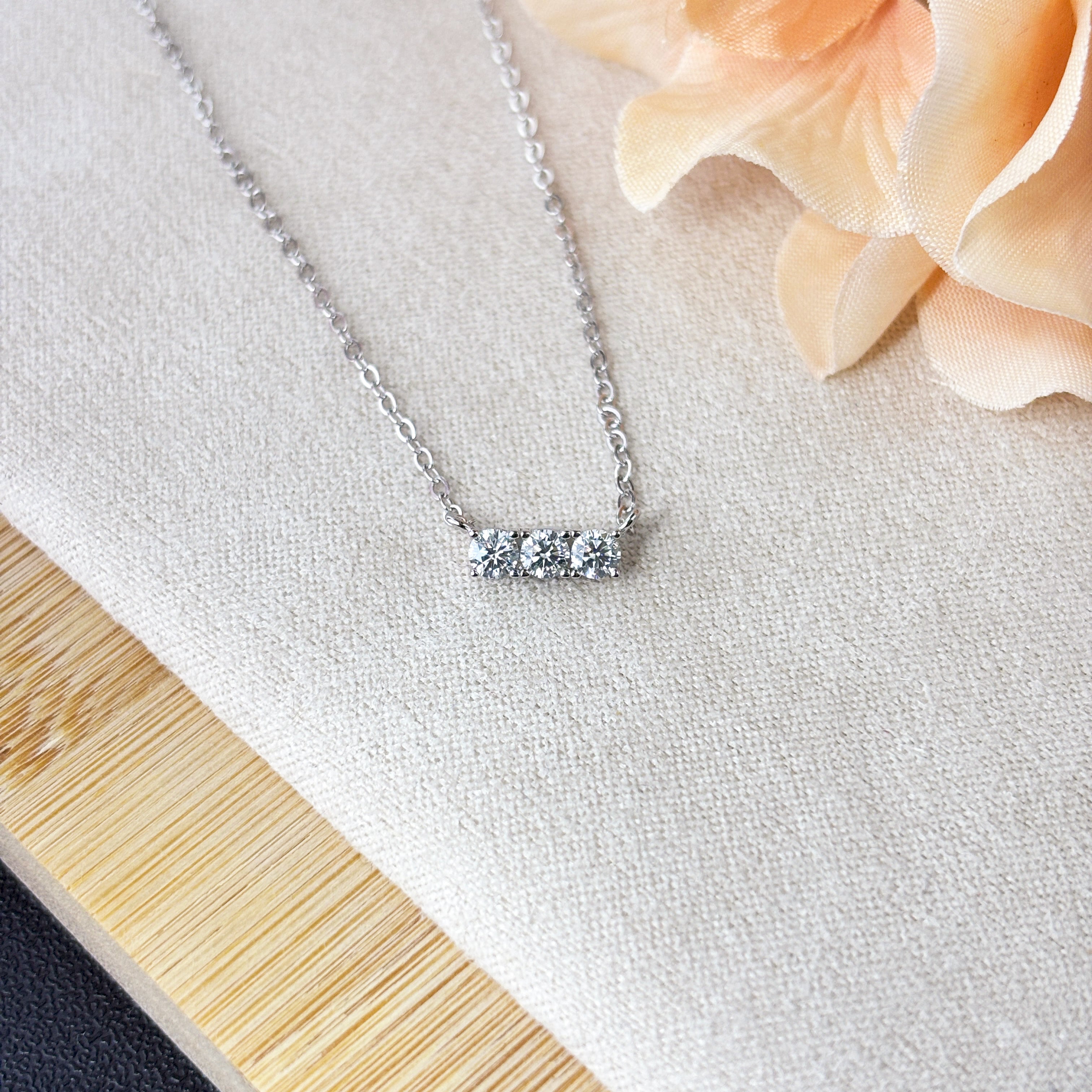 Triple Moissanite Diamond Necklace • 14K Gold Vermeil • Minimalist Dainty Bar Necklace • 3-Stone Pendant for Bridal, Layering & Daily Wear