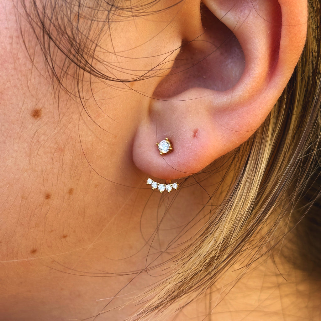 14K Gold Pave Curve CZ Drop Earrings: Sterling Silver Adjustable Cartilage Studs