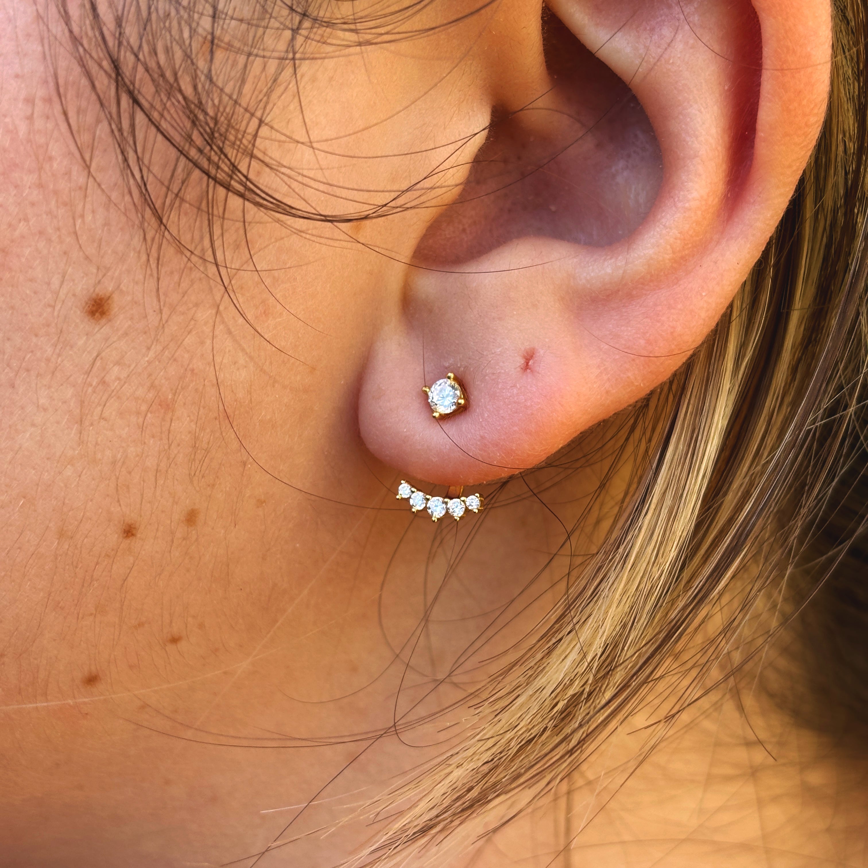 14K Gold Pave Curve CZ Drop Earrings: Sterling Silver Adjustable Cartilage Studs