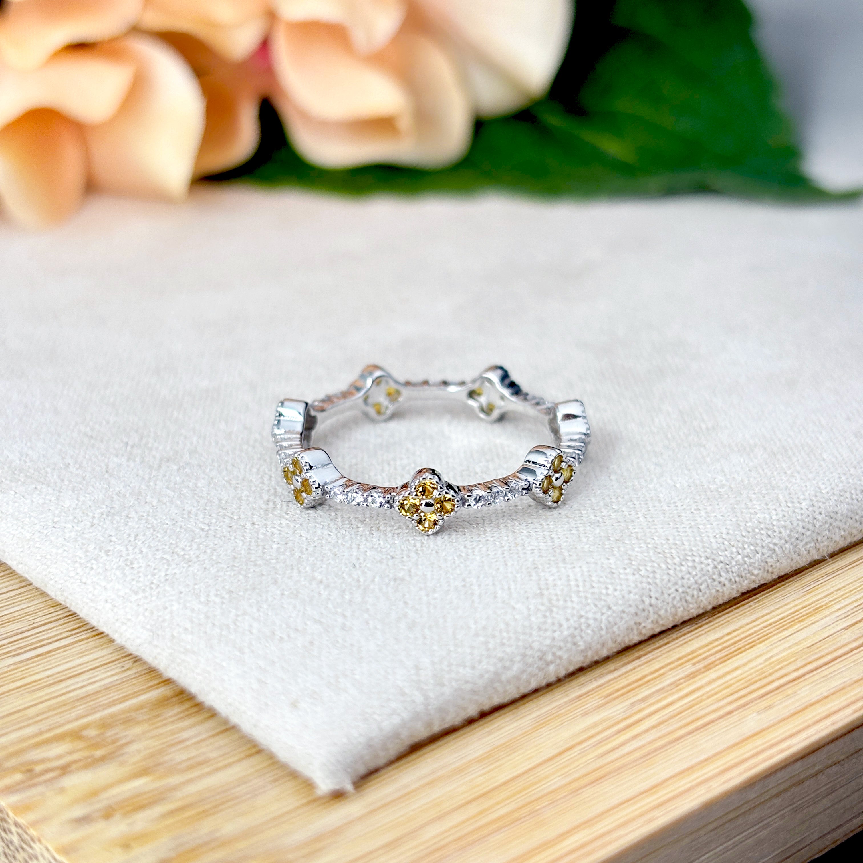 Sterling Silver Clover Ring with CZ, Lucky 4-Leaf Flower