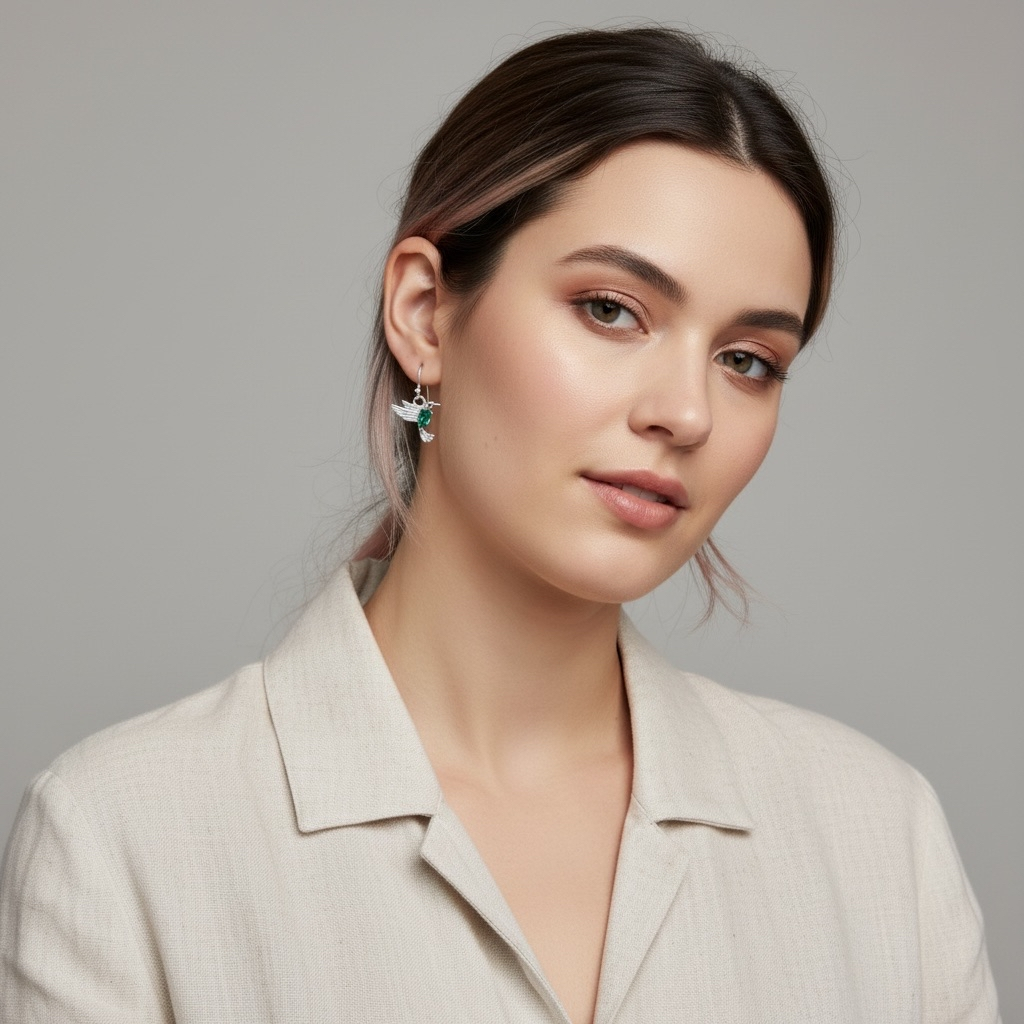 Hummingbird Earrings Sterling Silver | Flying Bird Earrings with Emerald Accent | Nature Jewelry Gift