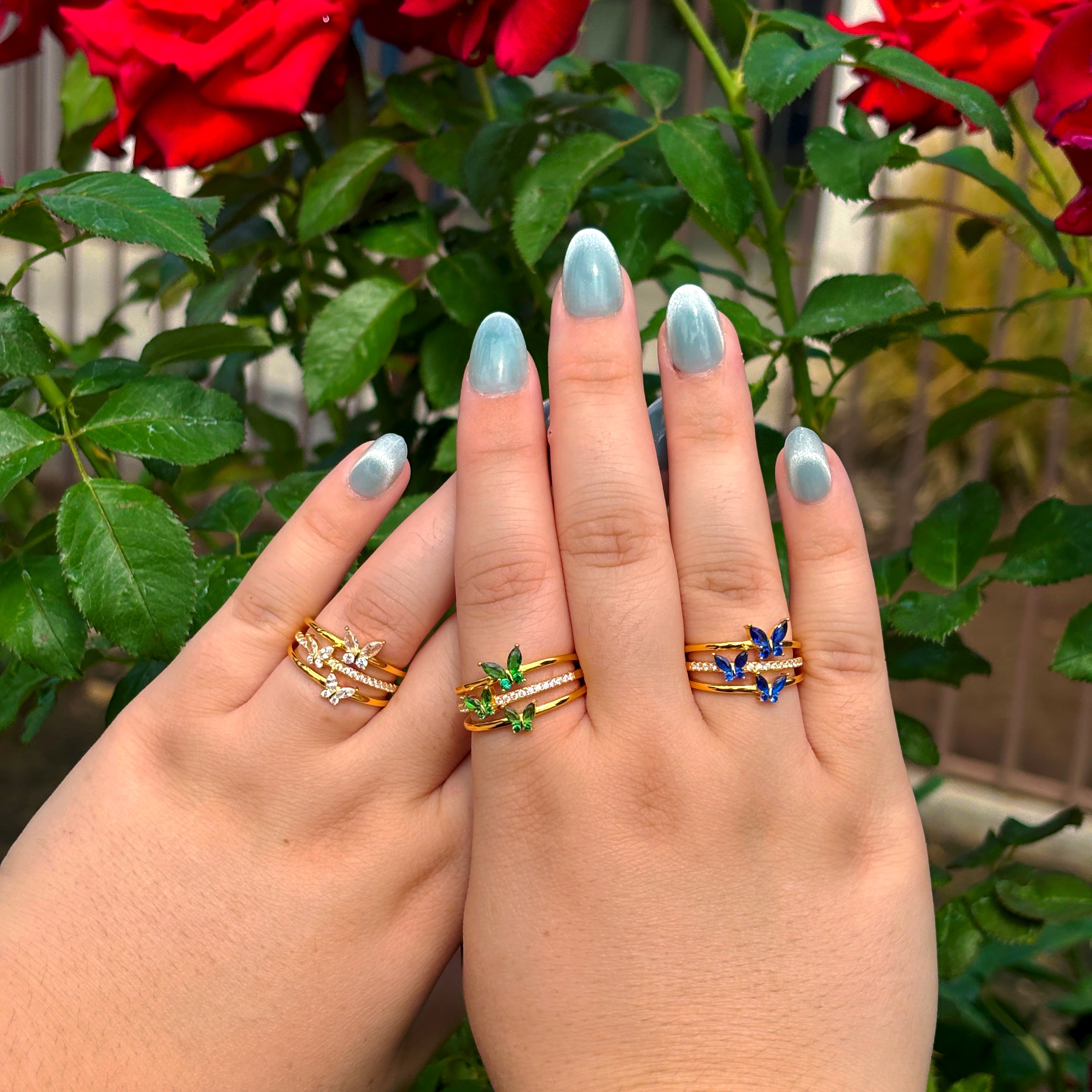 14K Gold Butterfly Crystal Ring: Adjustable Birthstone Jewelry