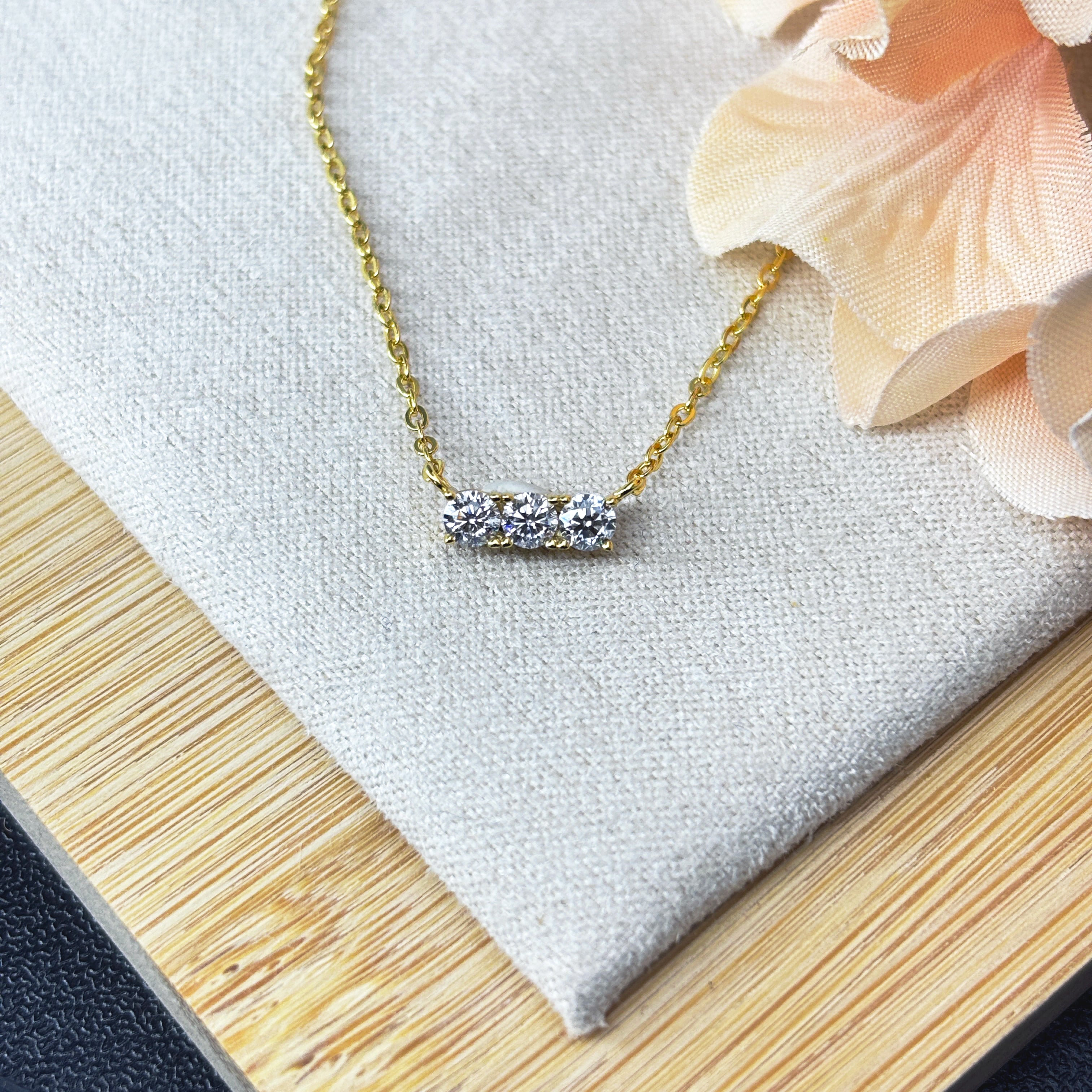 Triple Moissanite Diamond Necklace • 14K Gold Vermeil • Minimalist Dainty Bar Necklace • 3-Stone Pendant for Bridal, Layering & Daily Wear