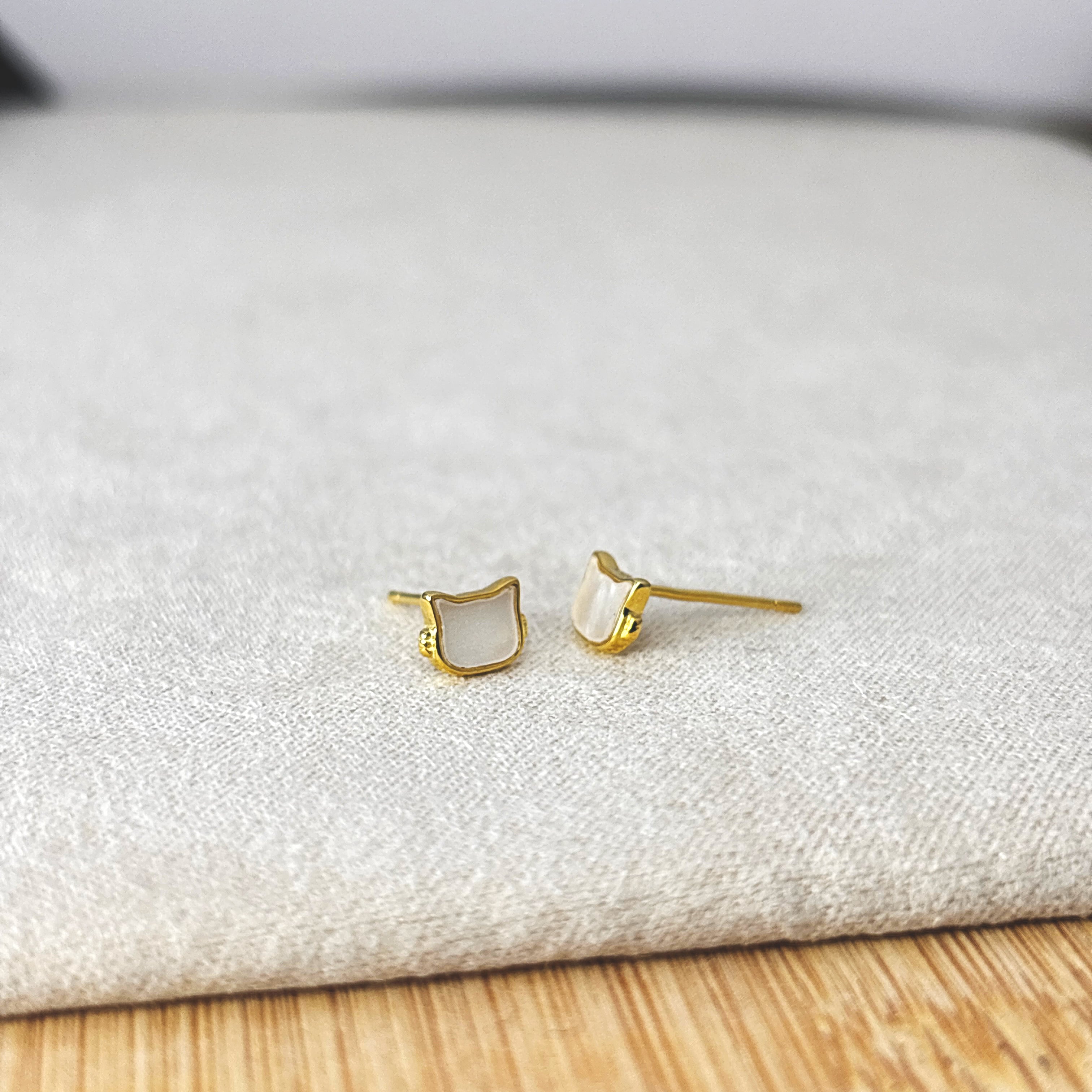 14K Gold Pastel Stud Earring Set: Sterling Silver Heart, Cat & Clover