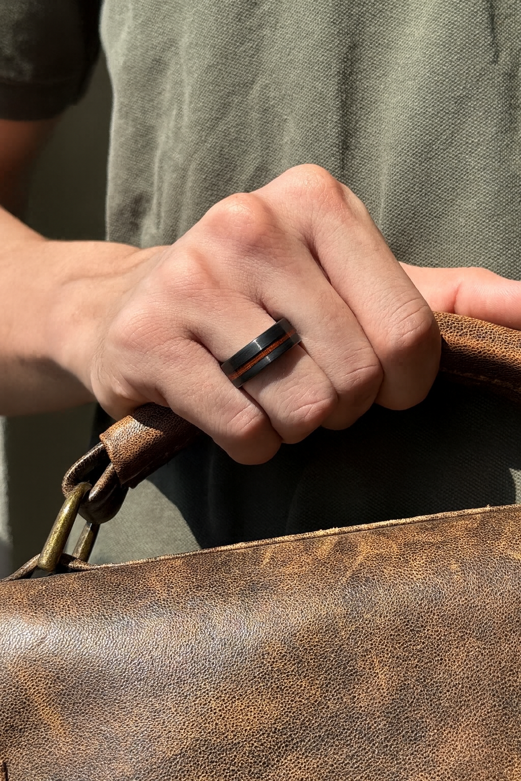 Black Tungsten Wood Inlay Ring • Men’s Wooden Wedding Band • Whiskey Barrel Style Tungsten Ring with Comfort Fit