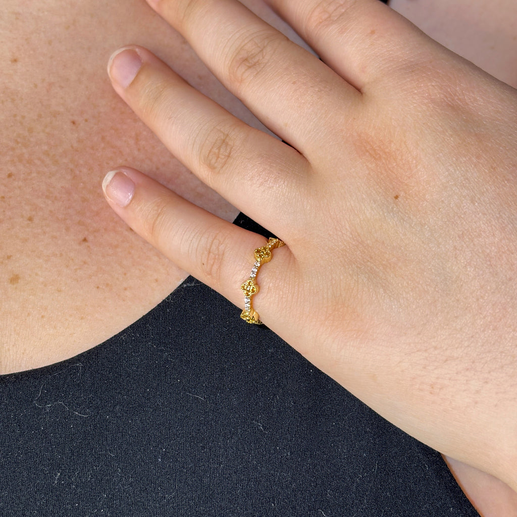 Gold Clover CZ Ring • Sterling Silver, Lucky Birthstone Band