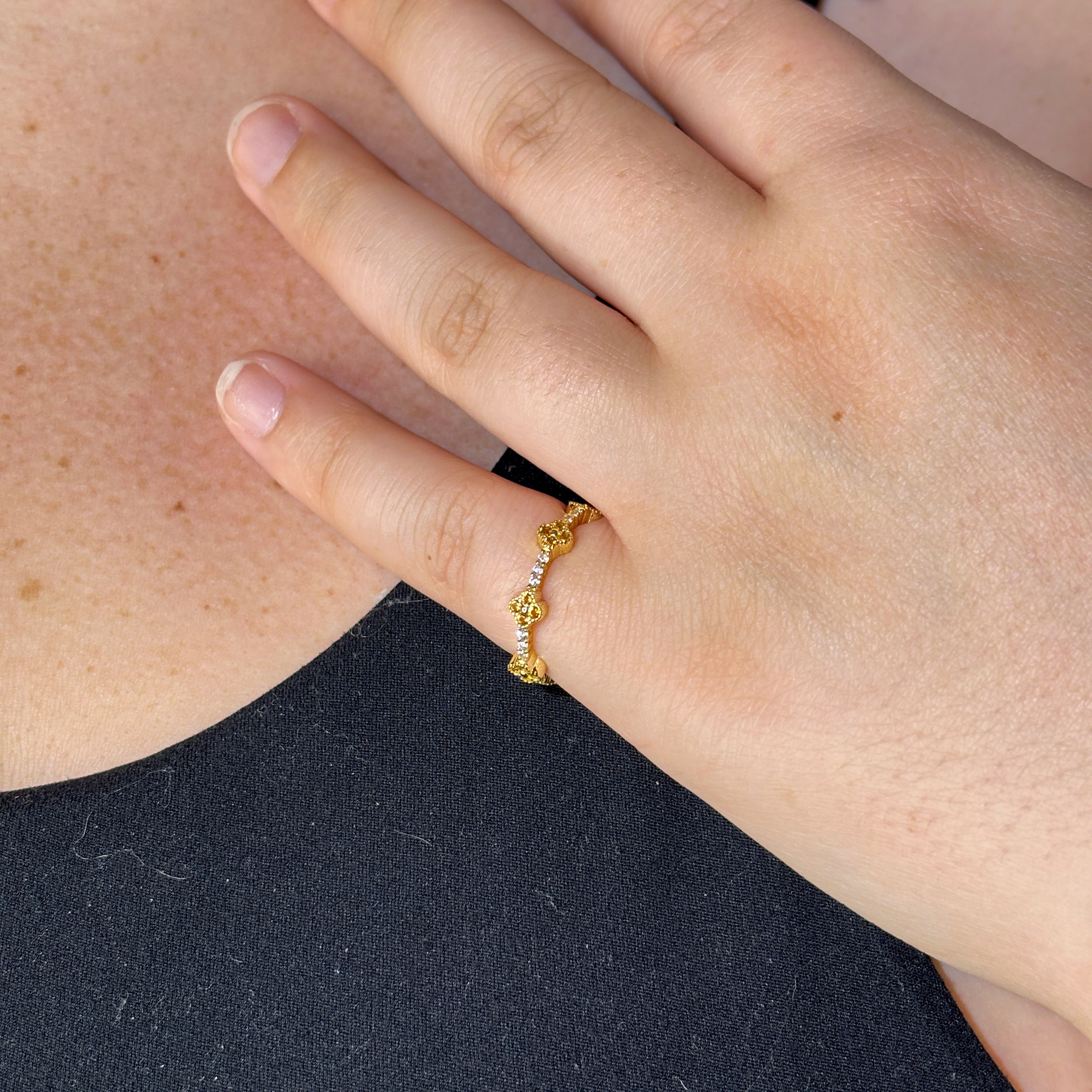 Gold Clover CZ Ring • Sterling Silver, Lucky Birthstone Band