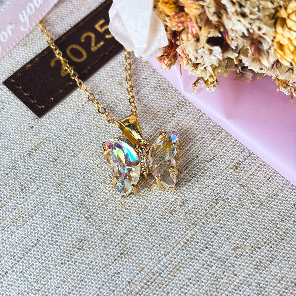 Iridescent Gradient Crystal Butterfly Necklace by Stella Amoré