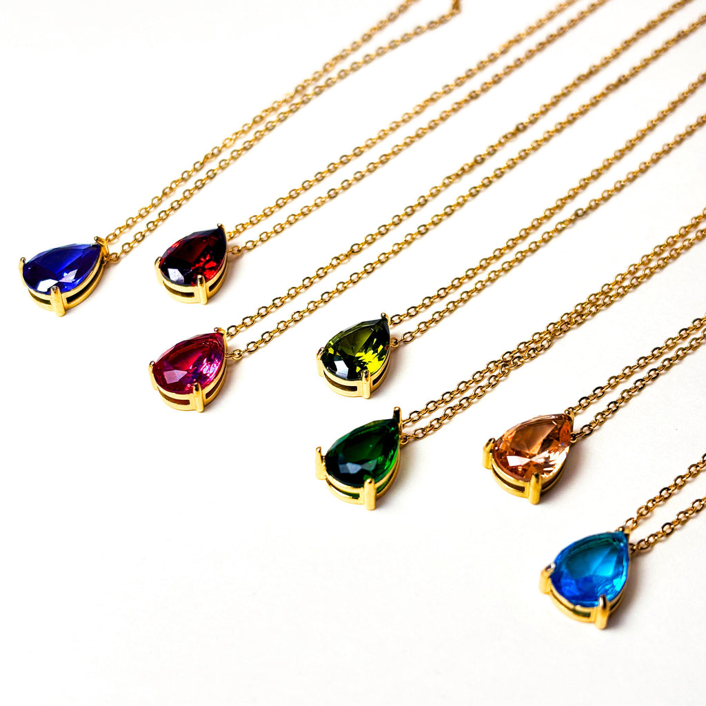 Dainty Birthstone Necklace – Pear Cut CZ Gemstone Pendant – Minimalist 18k Gold Necklace – Elegant Birthstone Jewelry Gift